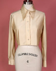 Vtg 60/70s Dagger Collar Champagne Crop Blouse Size S/M