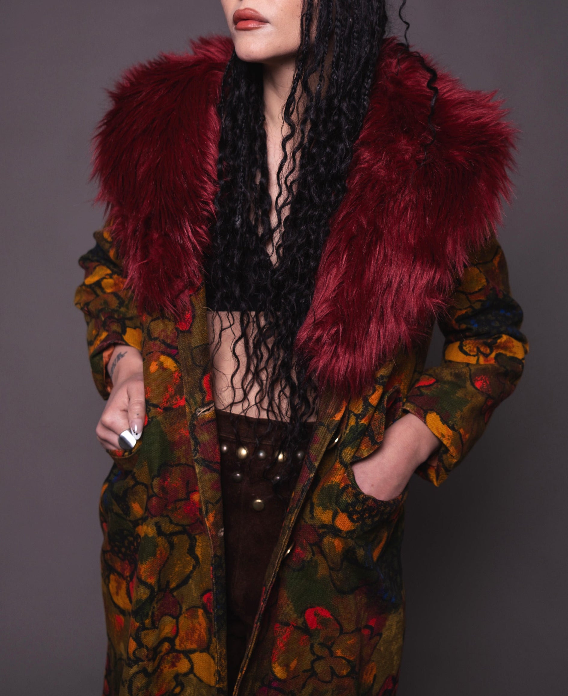 Dead Flowers Crimson Faux Fur Coat