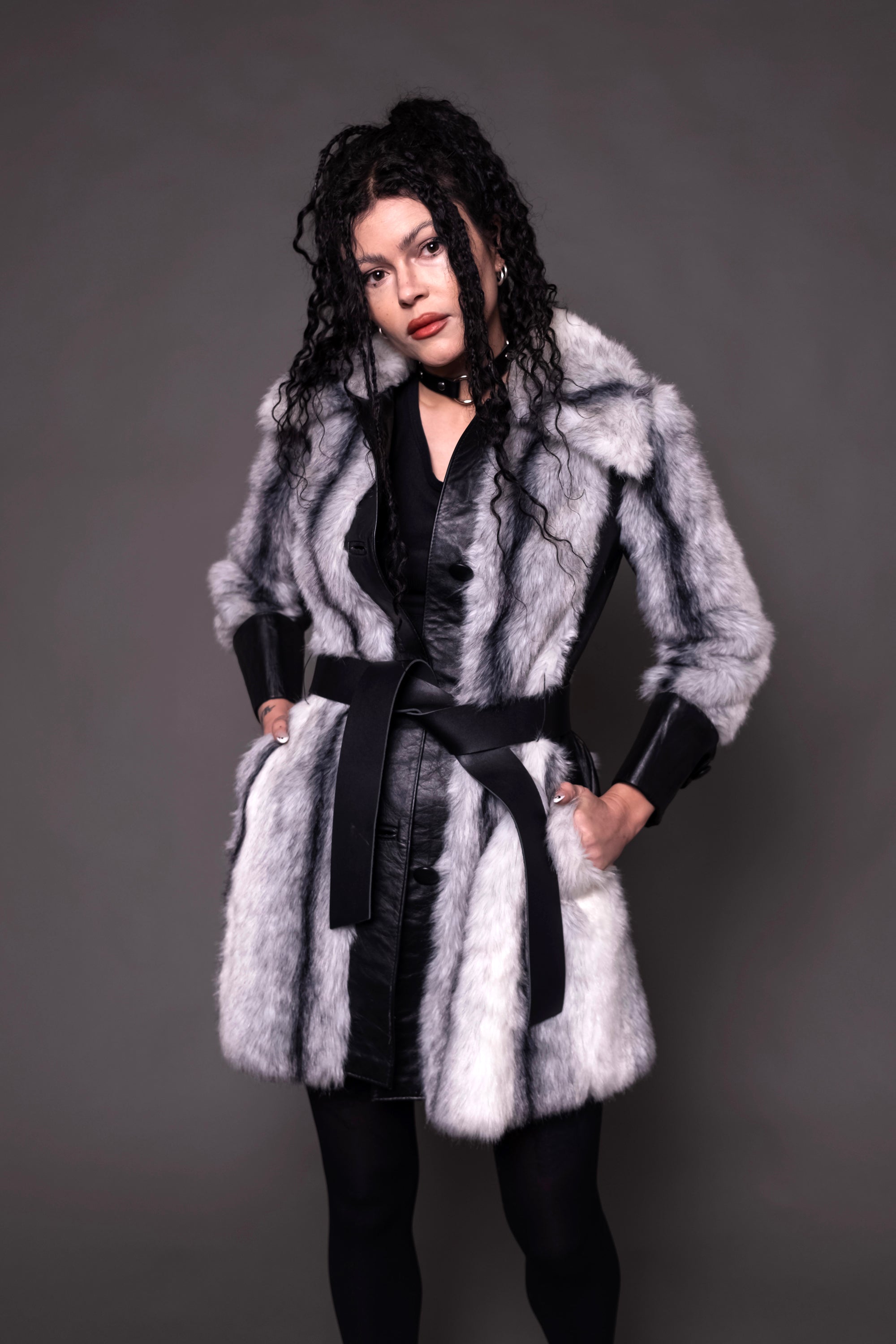 1970s Lilli Ann Black and White Leather Trimmed Faux Fur Coat