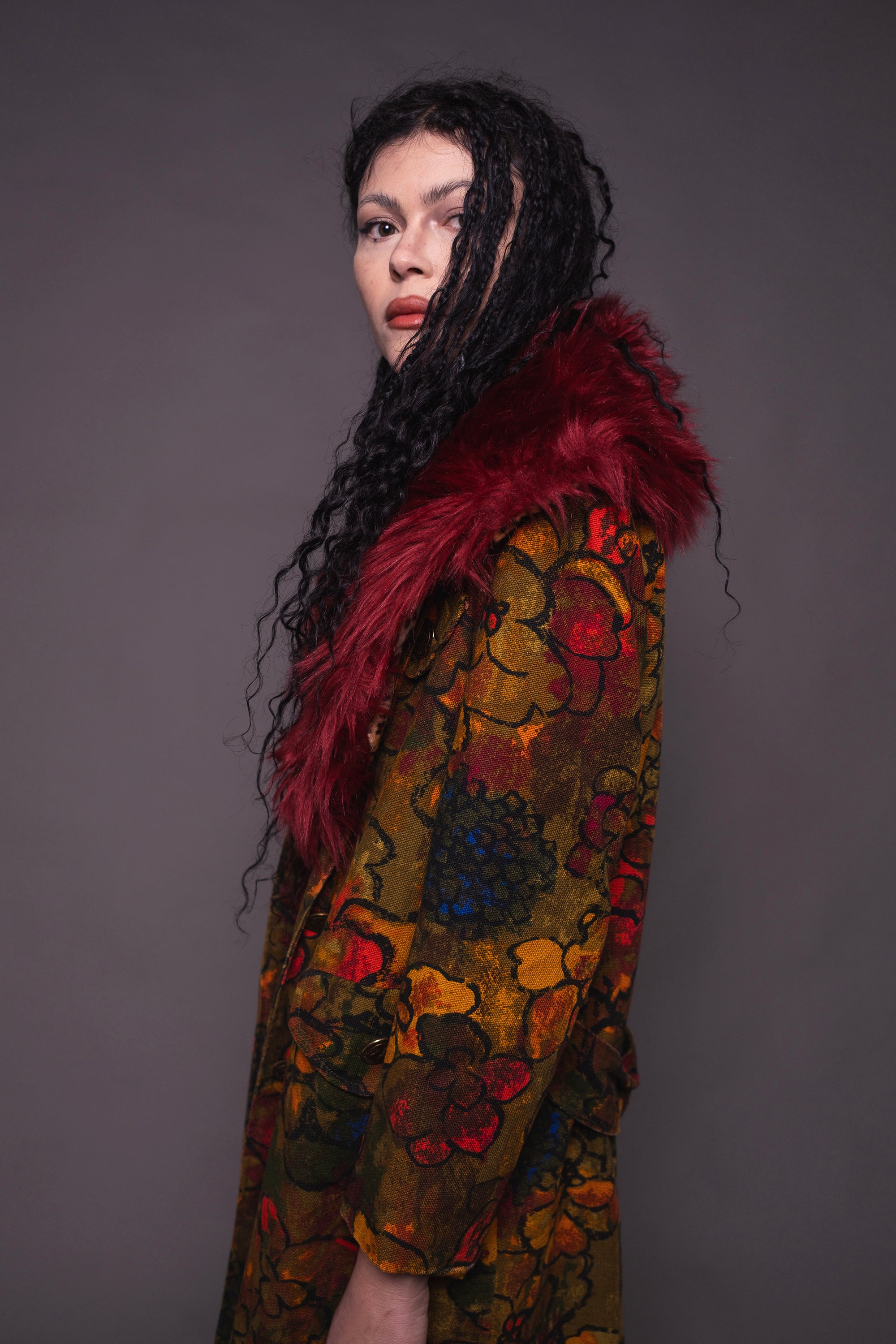 Dead Flowers Crimson Faux Fur Coat