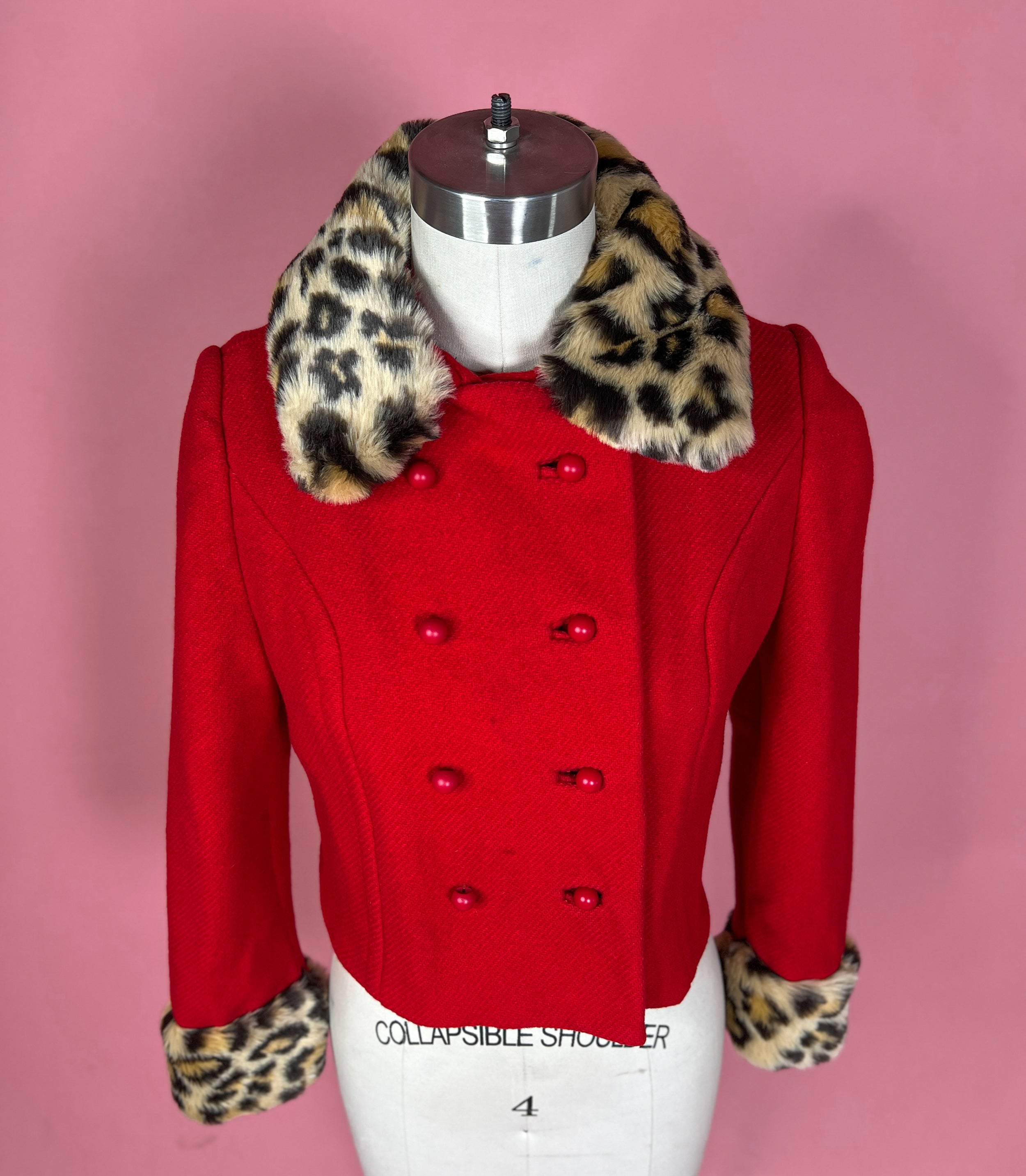 Vtg 1960s Custom Red Leopard Crop Jacket Size S