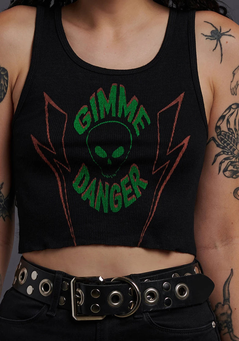 Gimme Danger cropped black ribbed knit tank top with alien and lightning bolt graphic in green and red.