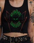 Gimme Danger cropped black ribbed knit tank top with alien and lightning bolt graphic in green and red.