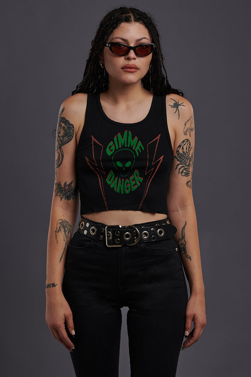 Gimme Danger cropped black ribbed knit tank top with alien and lightning bolt graphic in green and red.