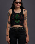 Gimme Danger cropped black ribbed knit tank top with alien and lightning bolt graphic in green and red.