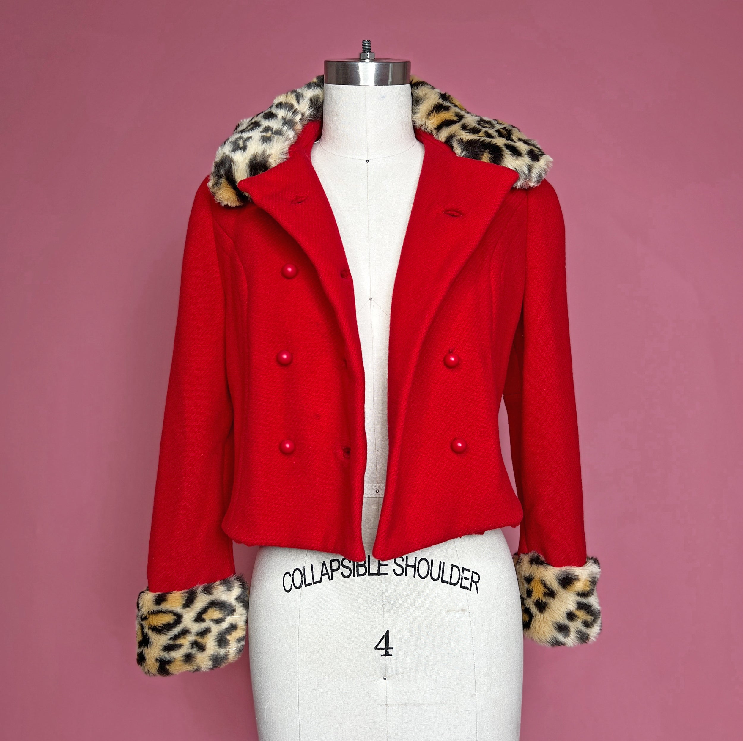 Vtg 1960s Custom Red Leopard Crop Jacket Size S