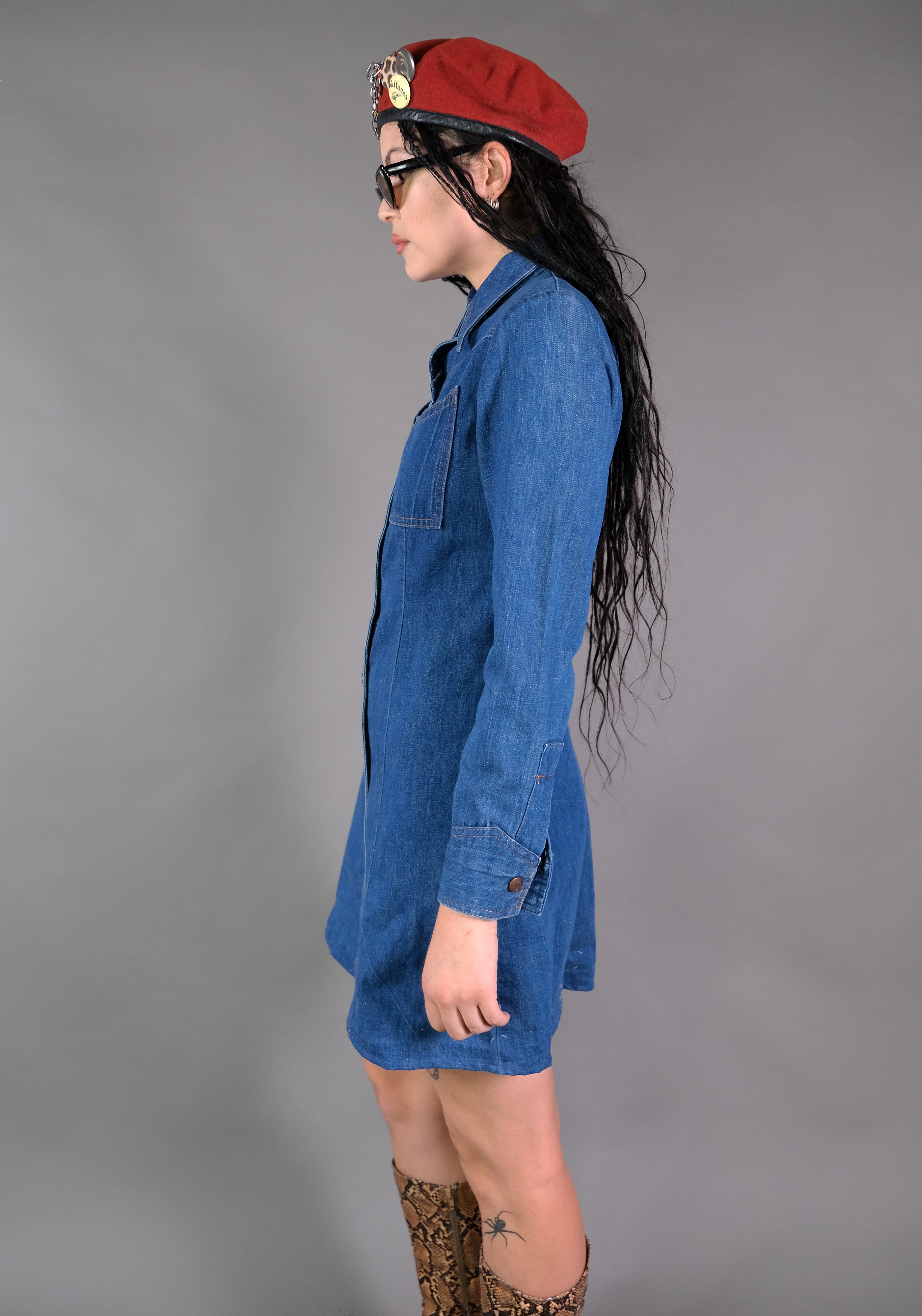 1970s Denim Snap Up Dress Size M