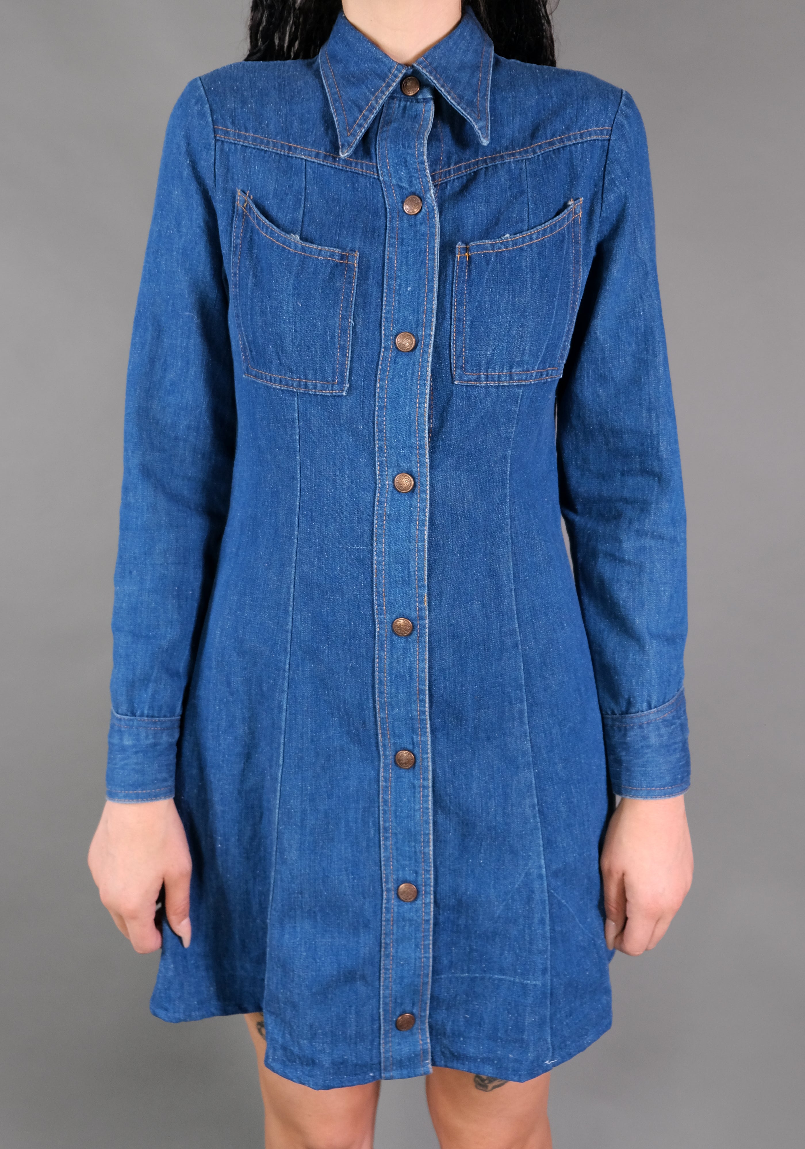 1970s Denim Snap Up Dress Size M