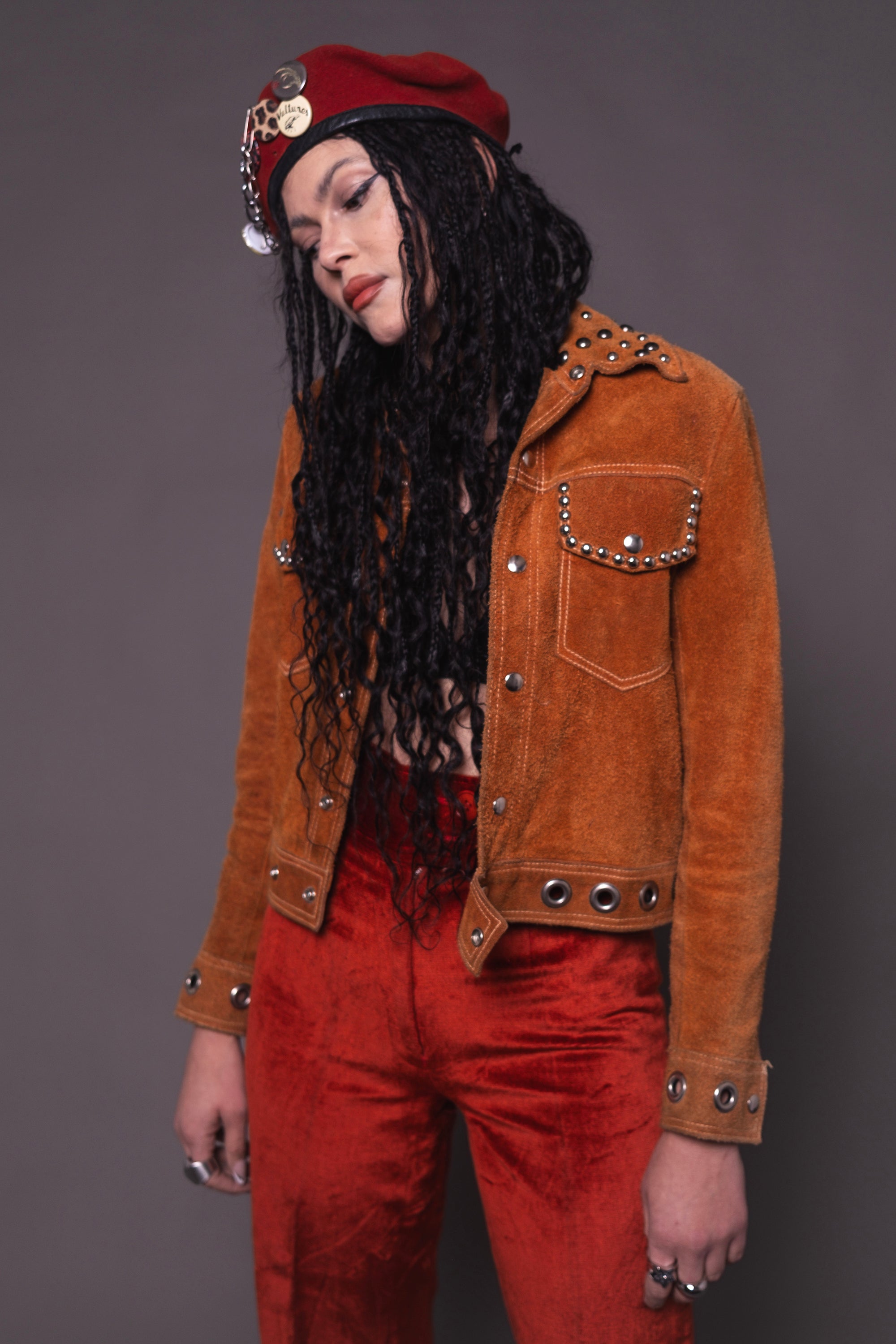 Rust Colored 70s Hand-Studded Suede Jacket