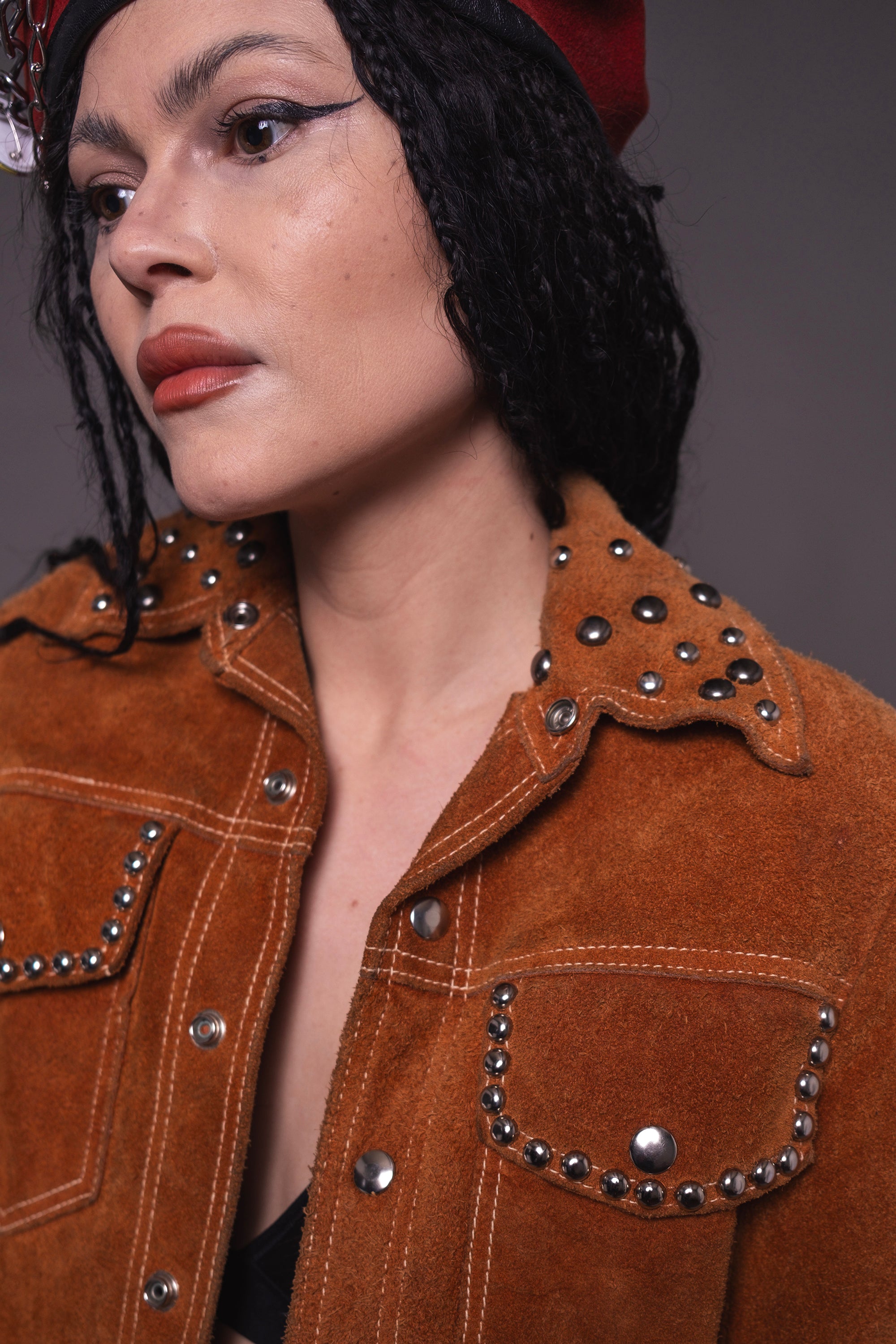 Rust Colored 70s Hand-Studded Suede Jacket