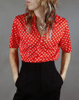 Vtg 70s Red and White Polka Dot Button-Up Shirt Size S