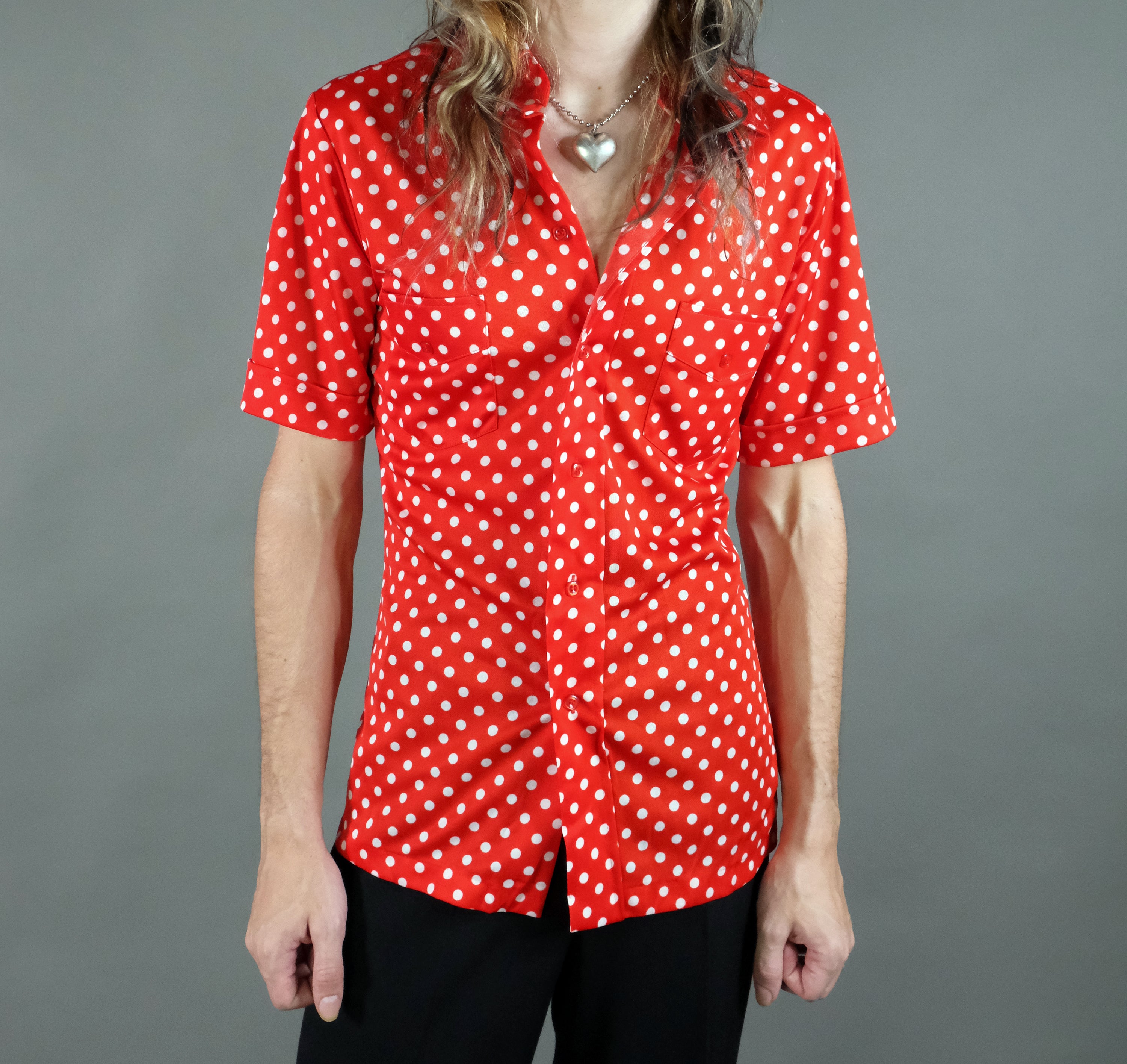 Vtg 70s Red and White Polka Dot Button-Up Shirt Size S