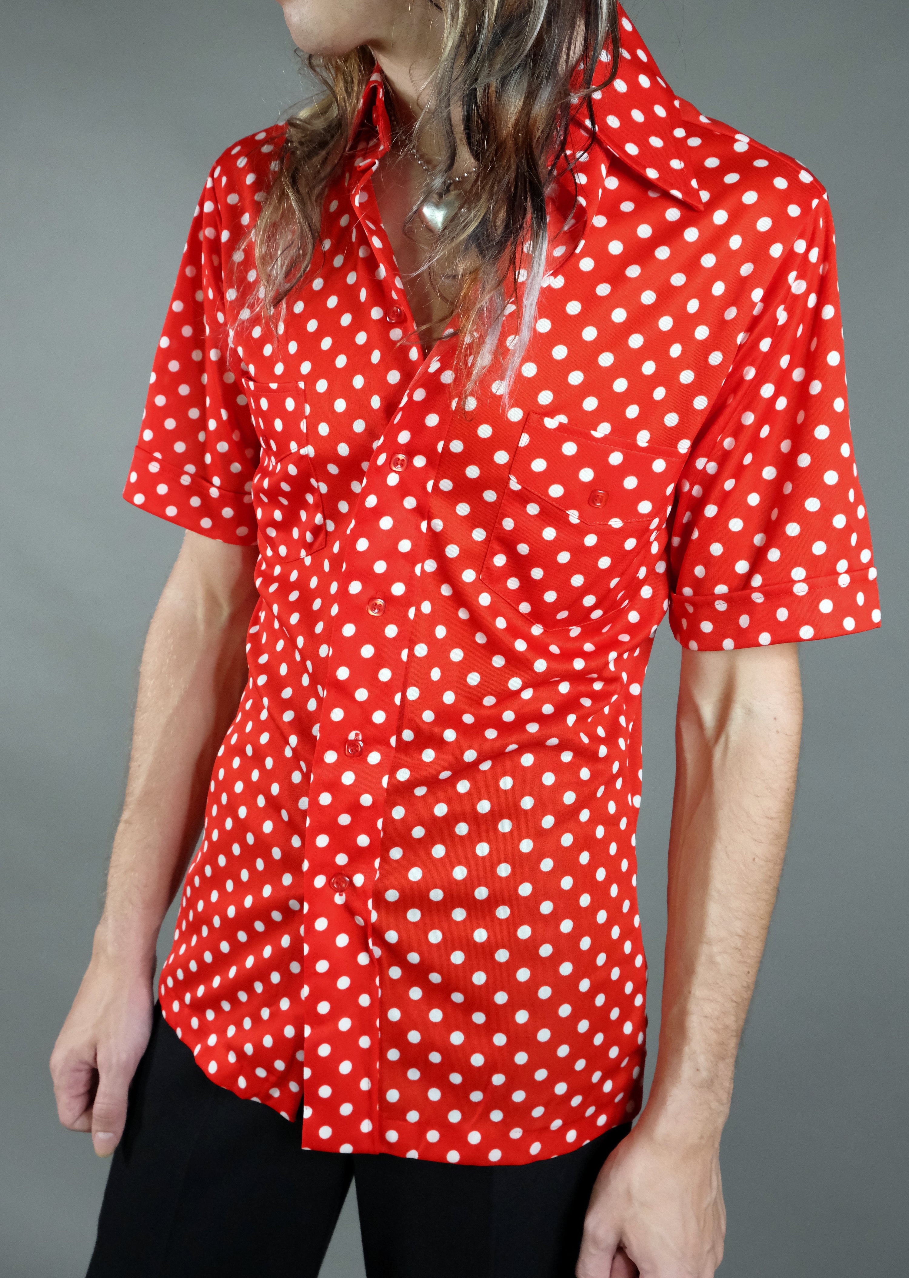 Vtg 70s Red and White Polka Dot Button-Up Shirt Size S