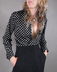 Vtg 70s Black and White Polka Dot Button-Up Shirt Size S