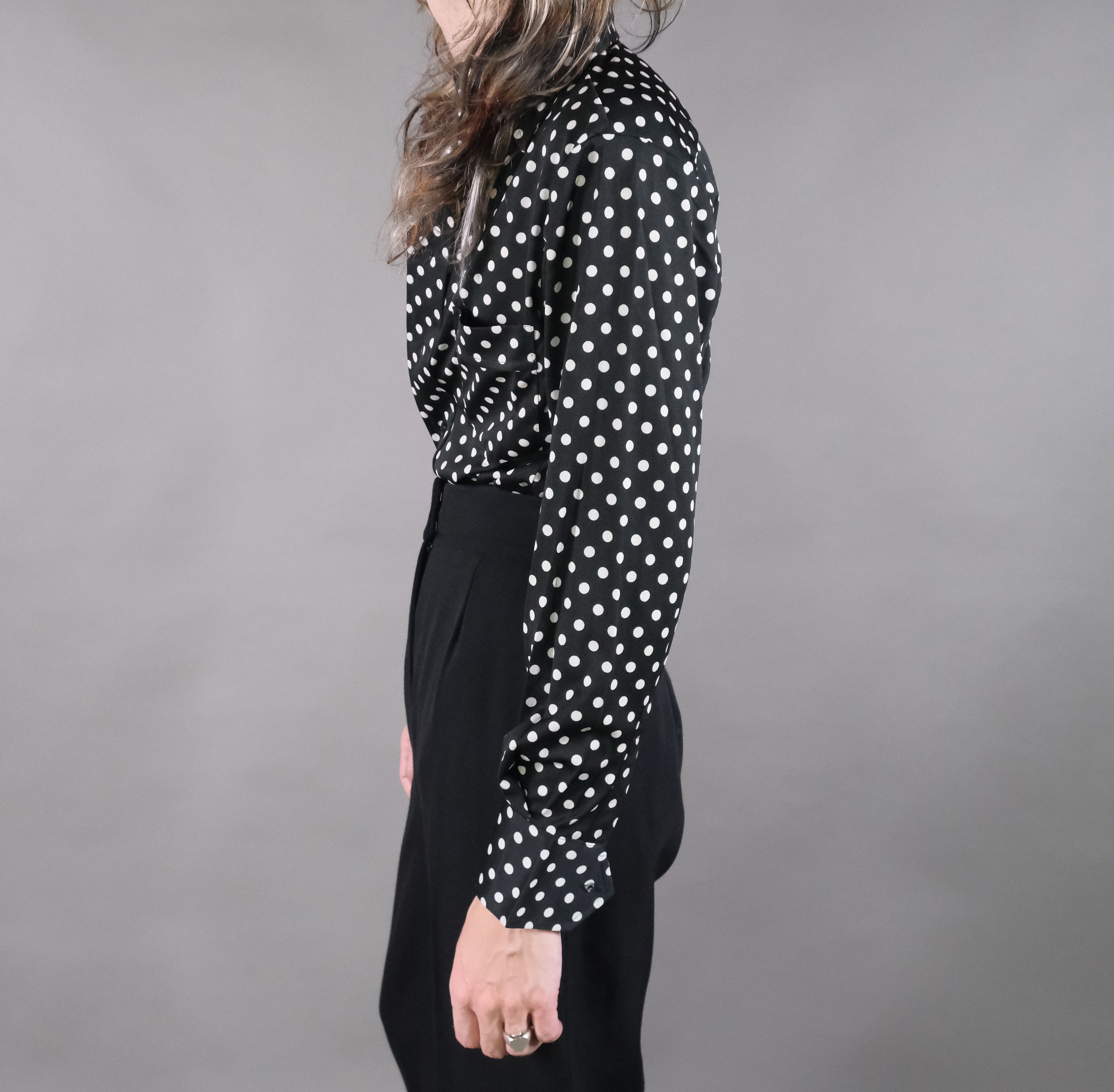 Vtg 70s Black and White Polka Dot Button-Up Shirt Size S