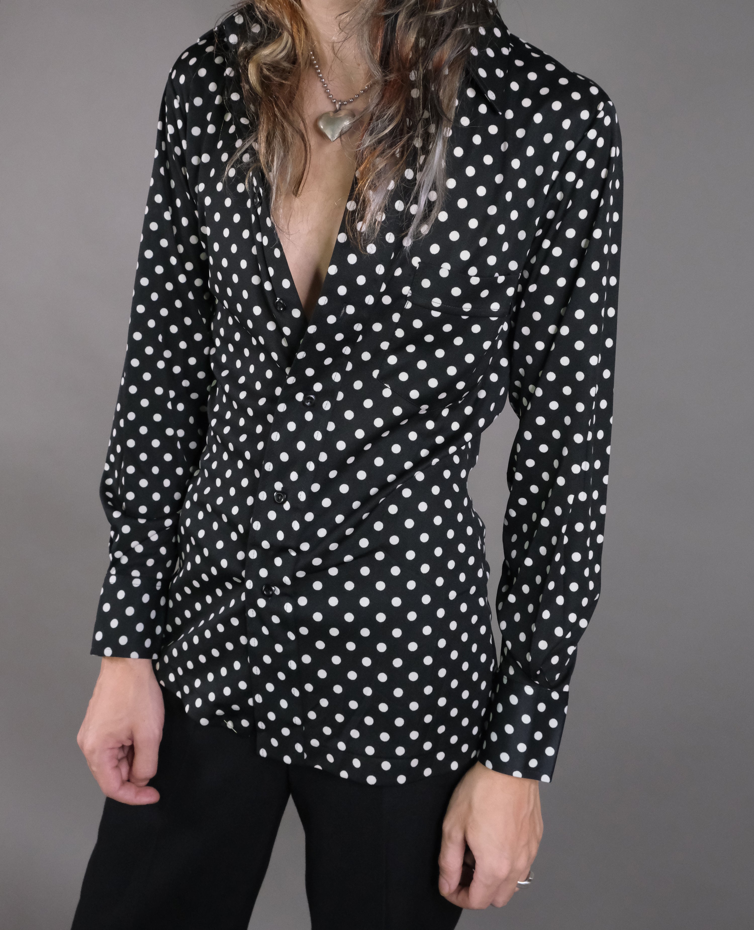 Vtg 70s Black and White Polka Dot Button-Up Shirt Size S