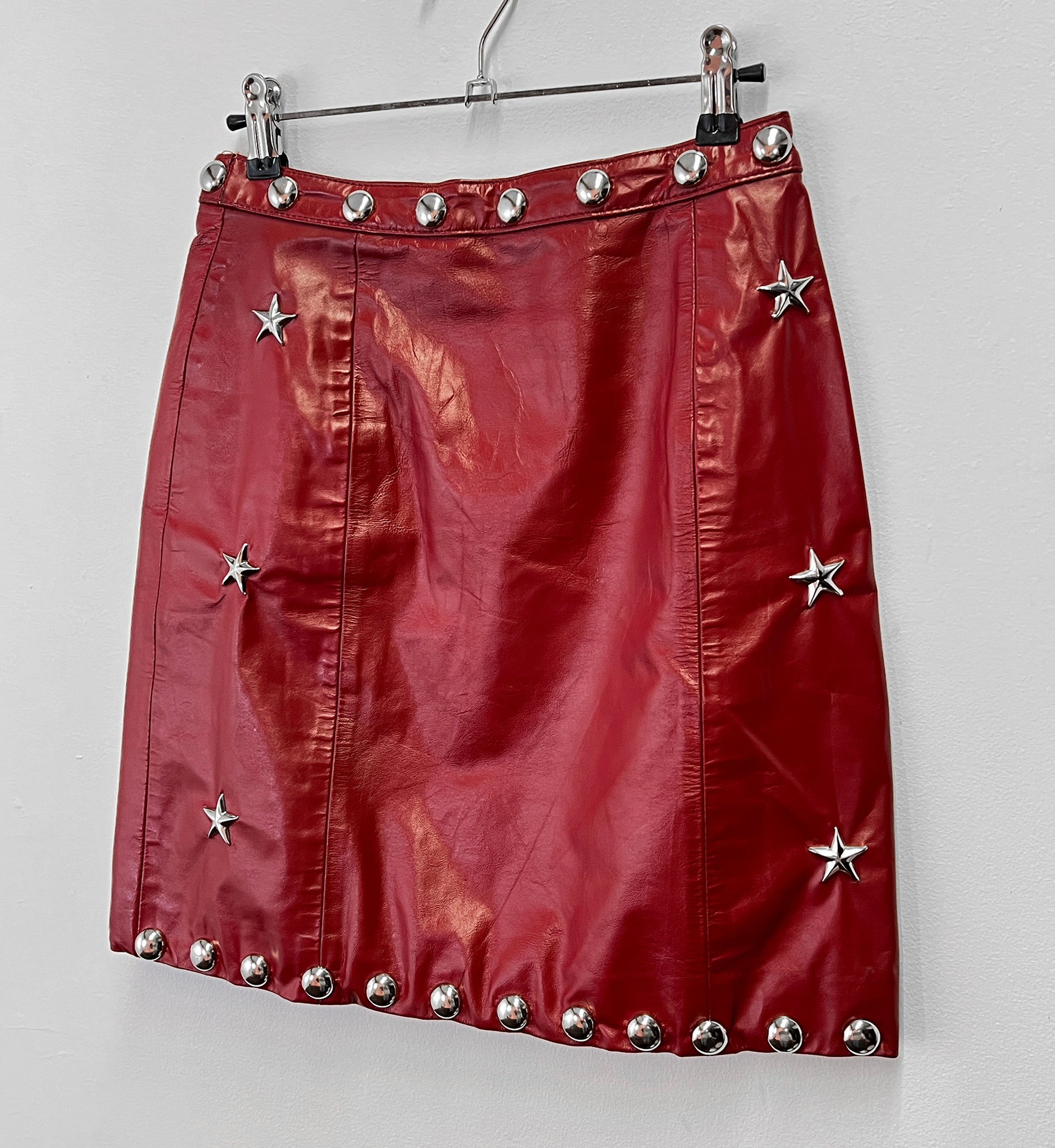 Vtg Studded Red Leather Mini Skirt