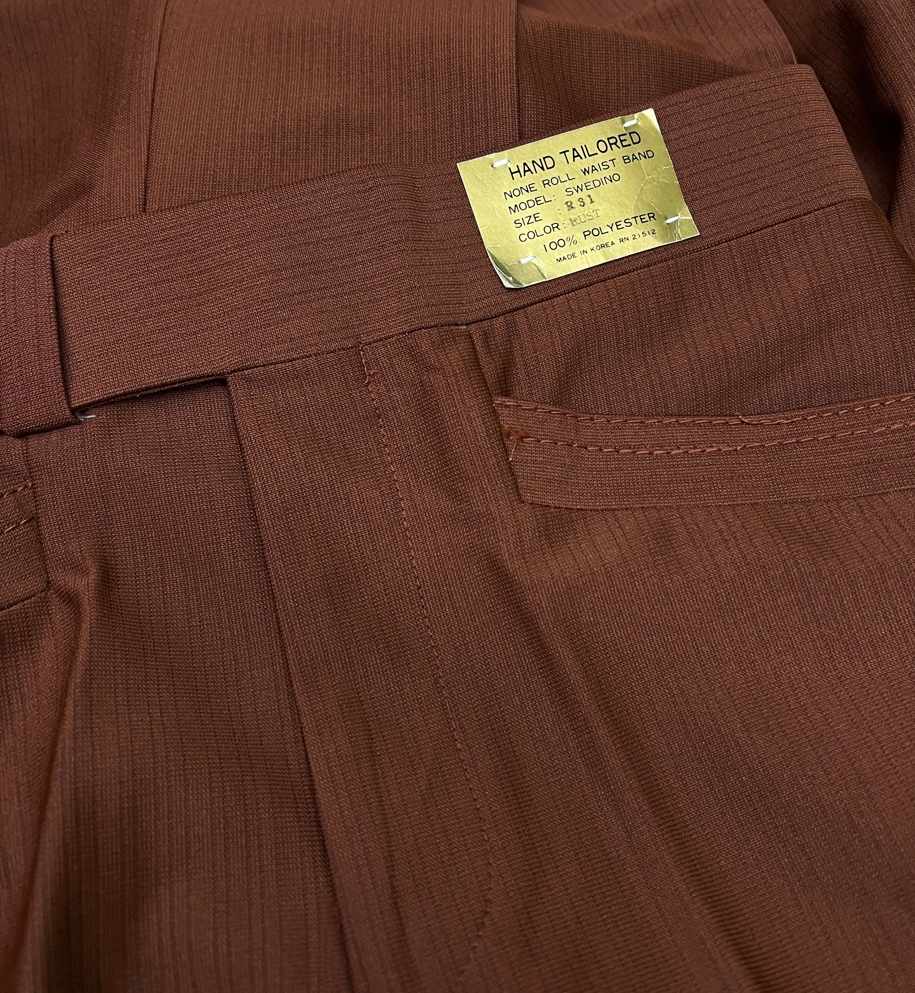 Deadstock 70s Rust Hand-Tailored Polyester Pants Size 31