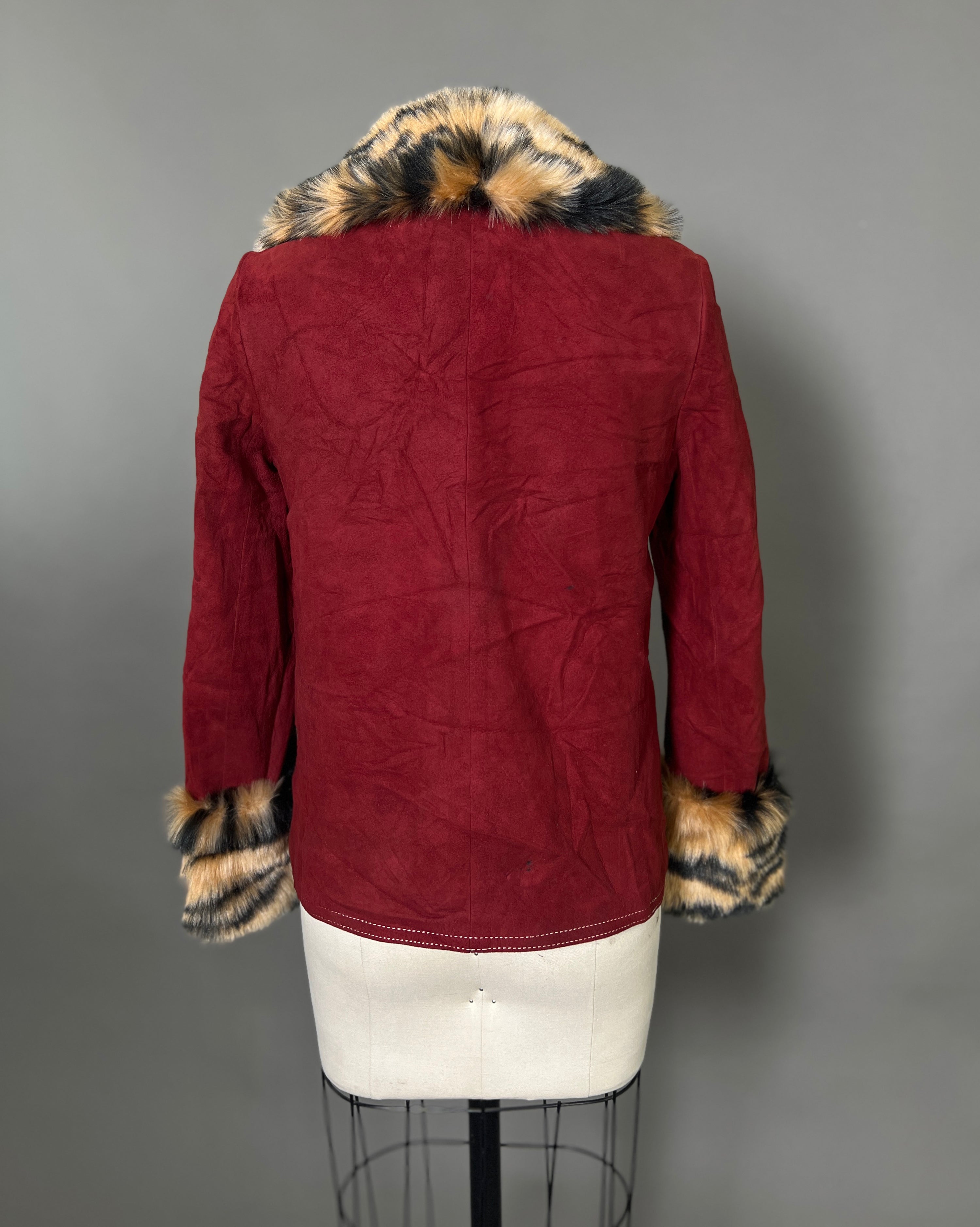 Custom Suede Jacket w/ Faux Tiger Fur Collar &amp; Cuffs Size S/M