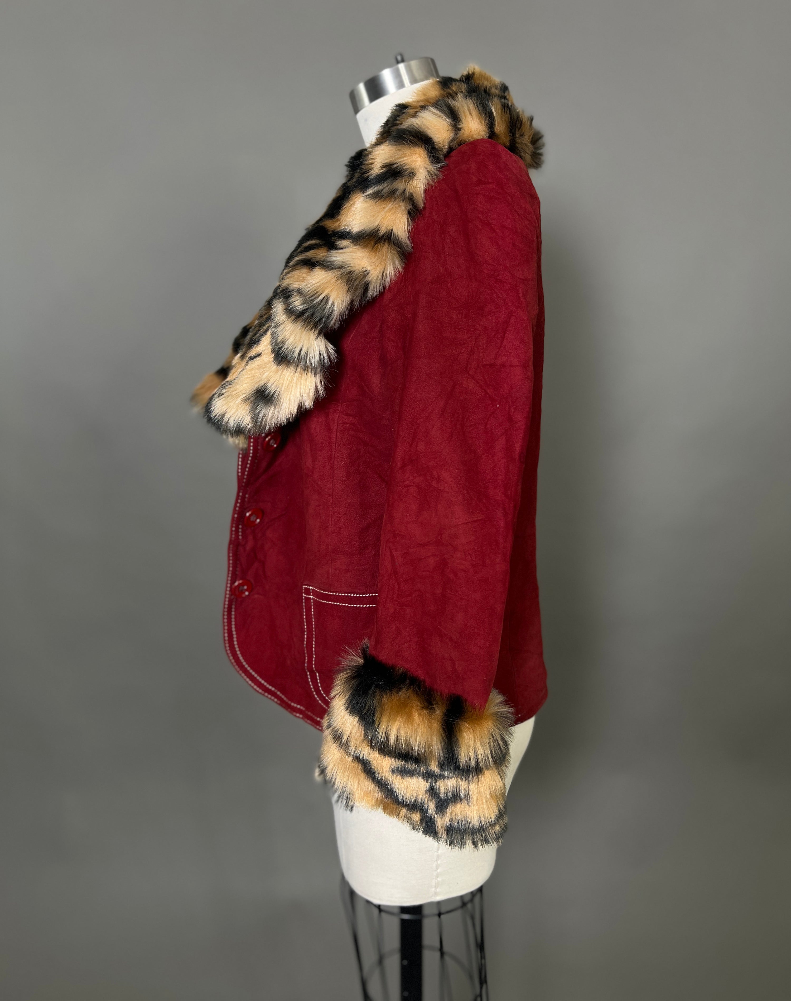 Custom Suede Jacket w/ Faux Tiger Fur Collar &amp; Cuffs Size S/M