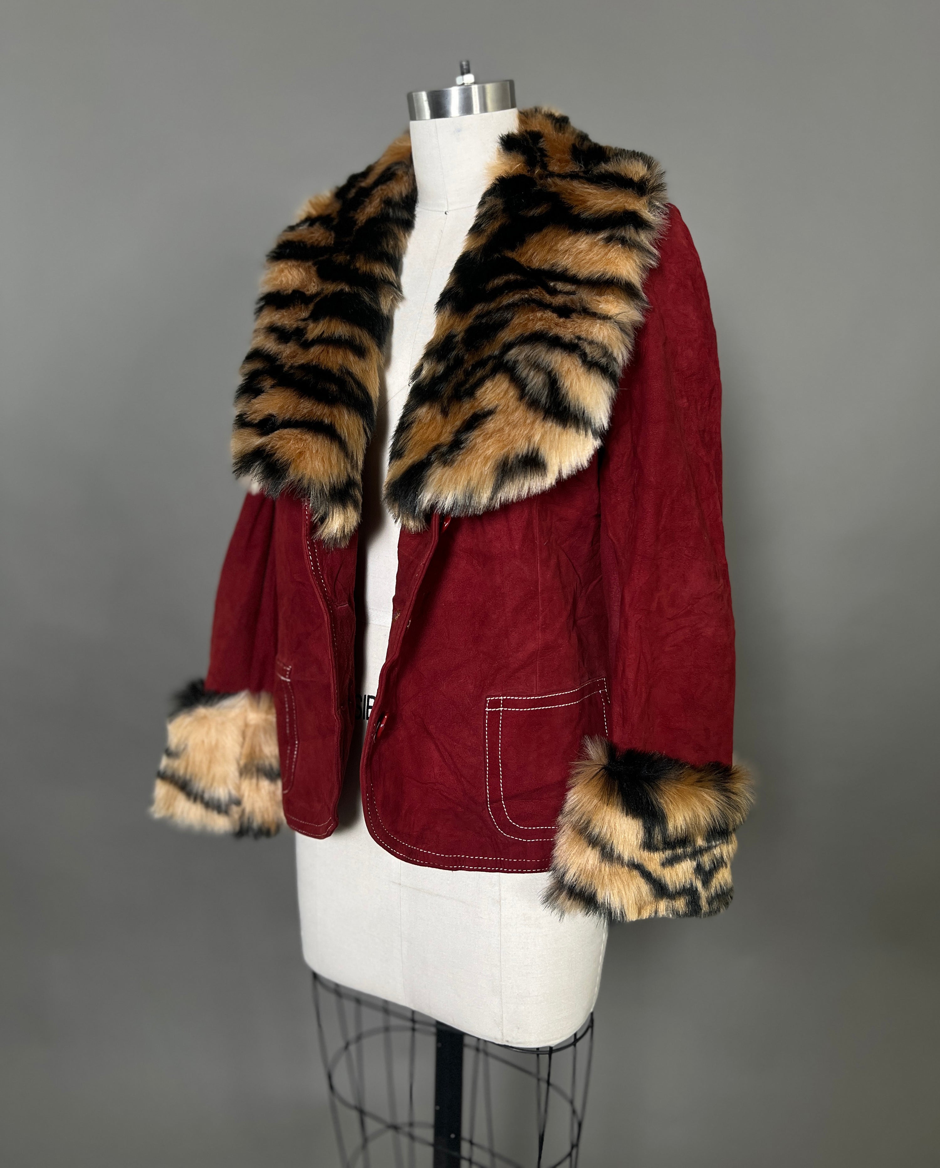 Custom Suede Jacket w/ Faux Tiger Fur Collar &amp; Cuffs Size S/M