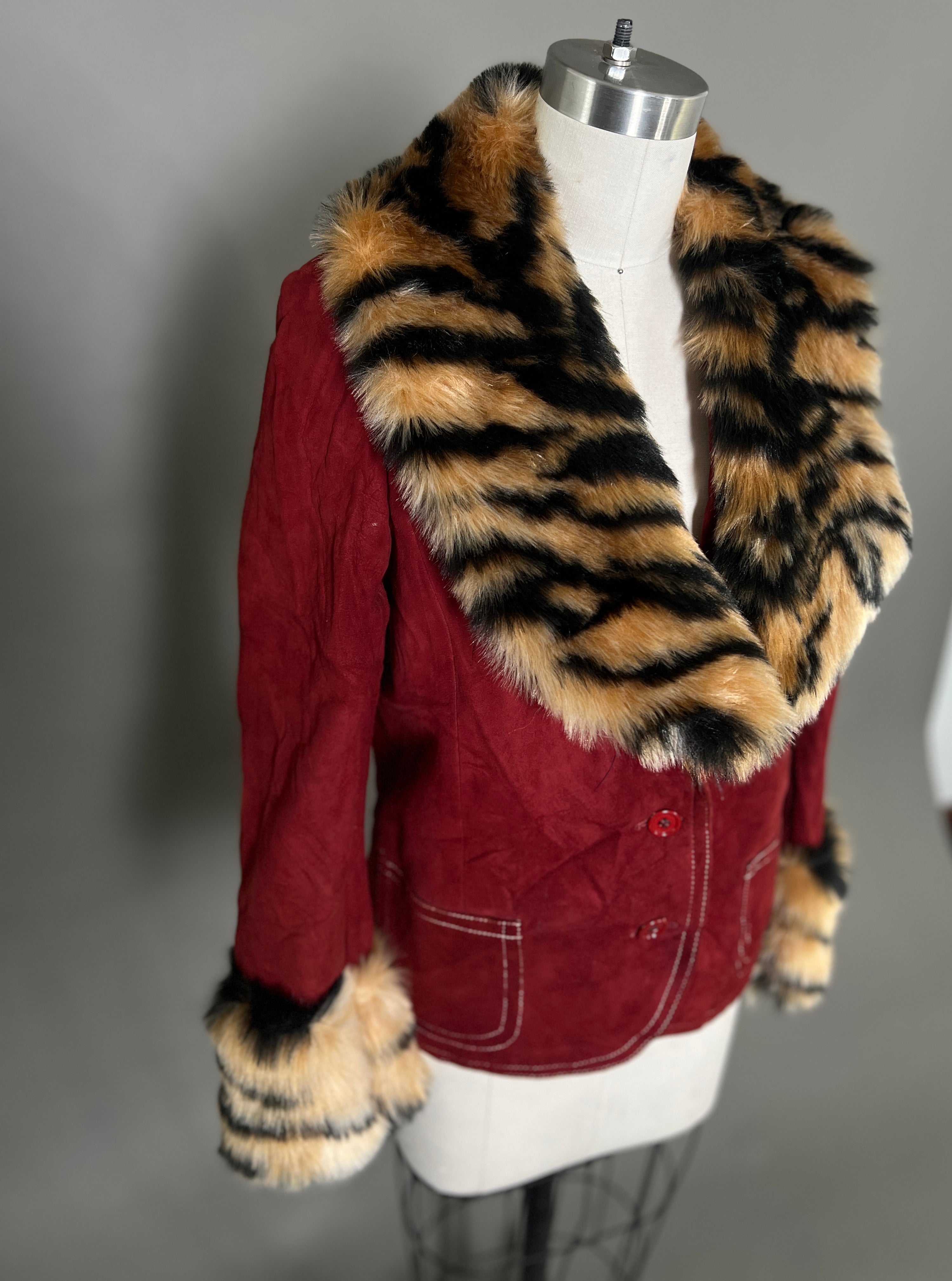 Custom Suede Jacket w/ Faux Tiger Fur Collar &amp; Cuffs Size S/M