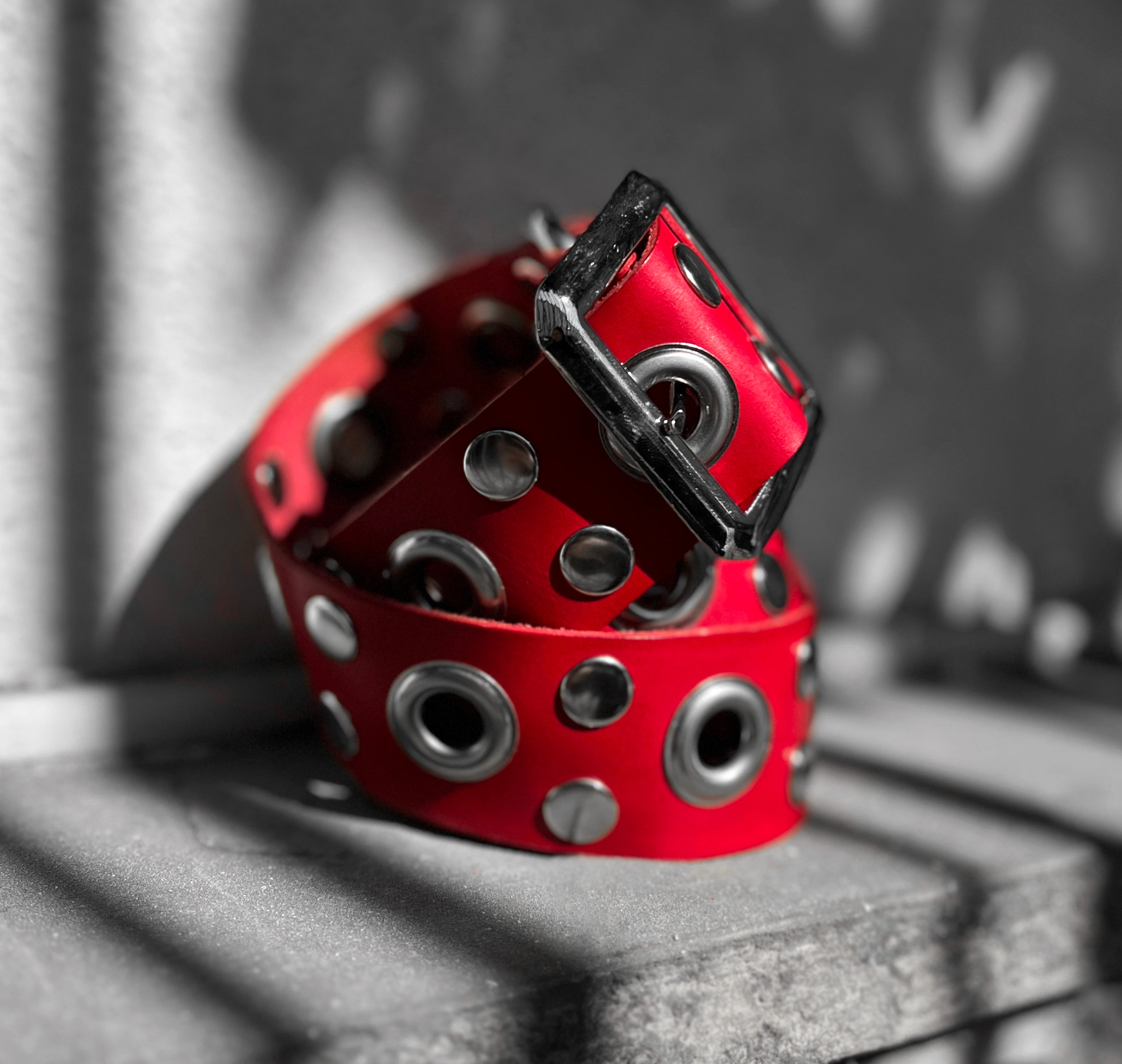 Red Gimme More Studded Grommet Belt